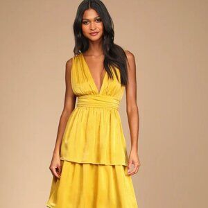 NEW Lulus Mustard Yellow Satin Tiered Tie-Back Midi Dress SIZE XS